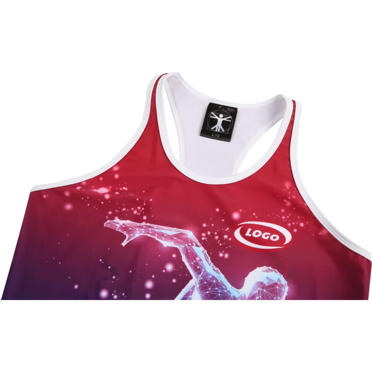 A women’s singlet in a gradient of red and white, featuring a logo, with a racerback design.