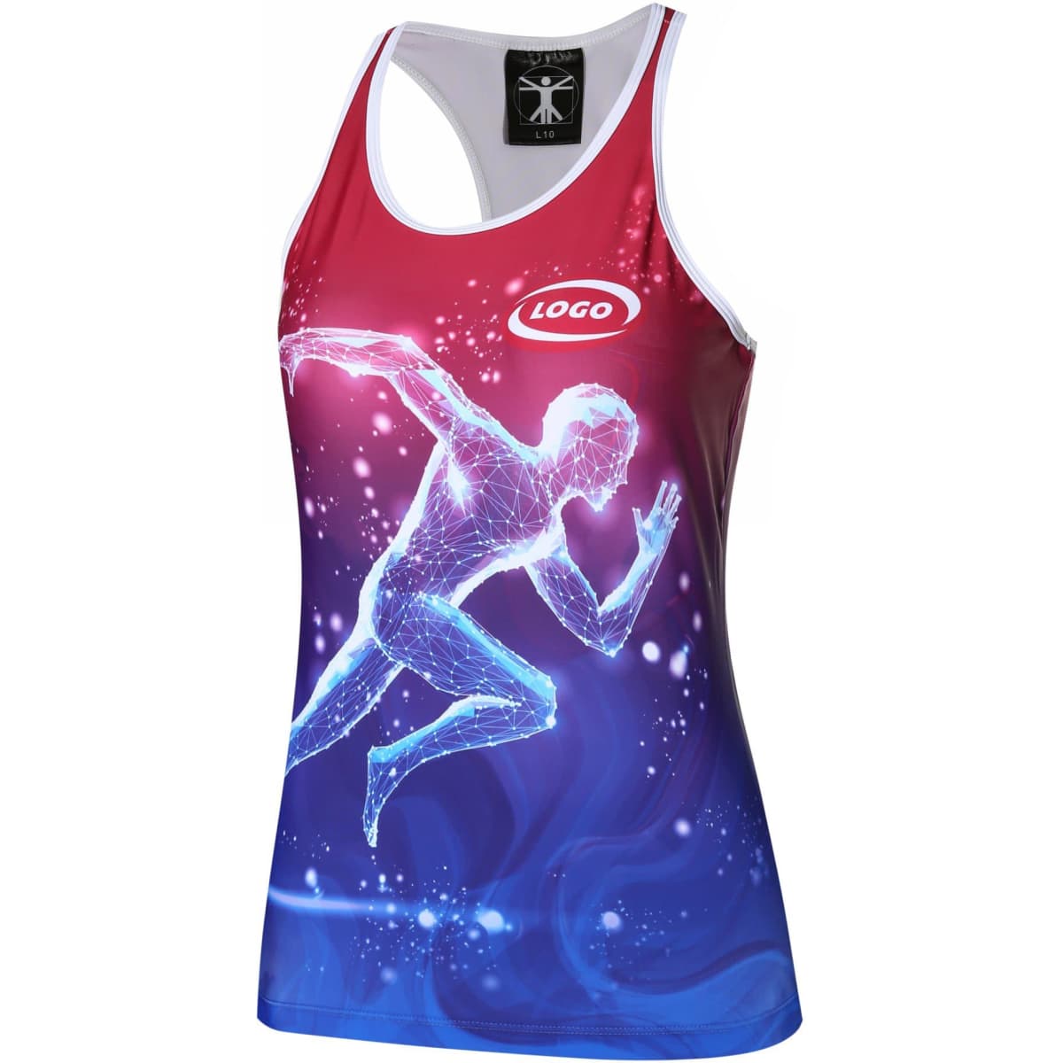 A women's singlet in red and blue featuring a dynamic running figure design and a logo.