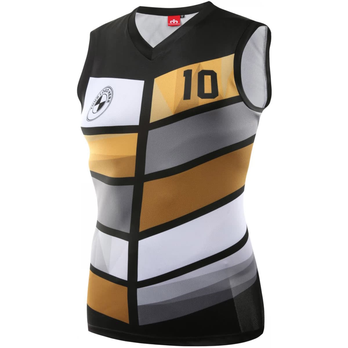 A sleeveless player singlet in black, white, and gold with geometric patterns and a logo.