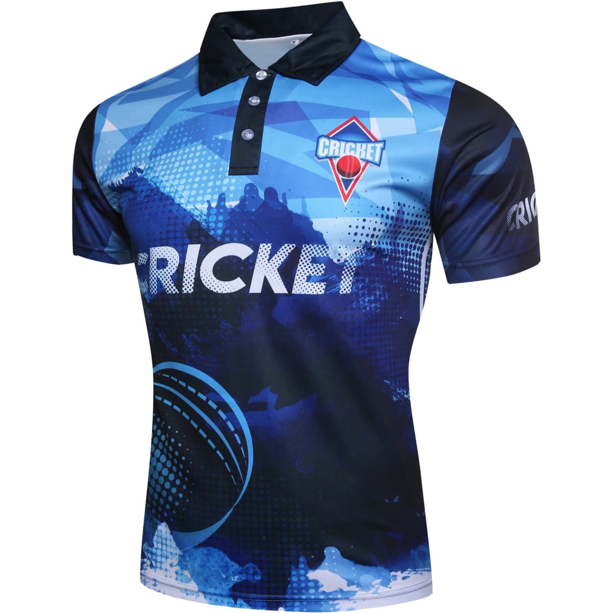 A blue and black cricket uniform top featuring a graphics design and a logo on the chest and sleeve.