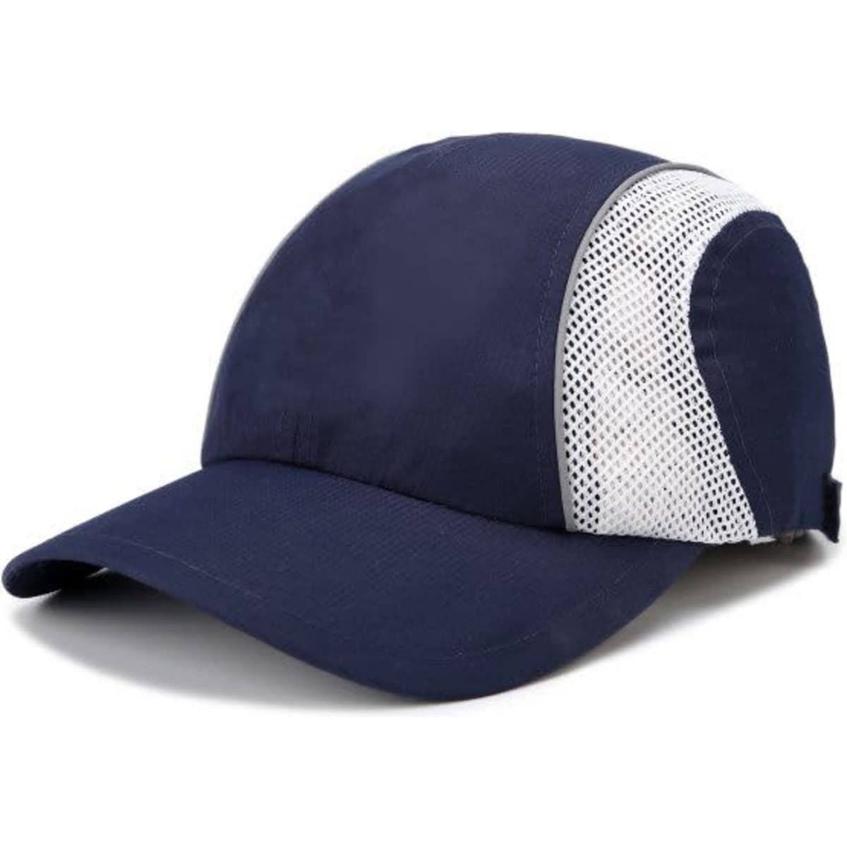 A navy running cap with mesh panels, featuring a logo on the side.