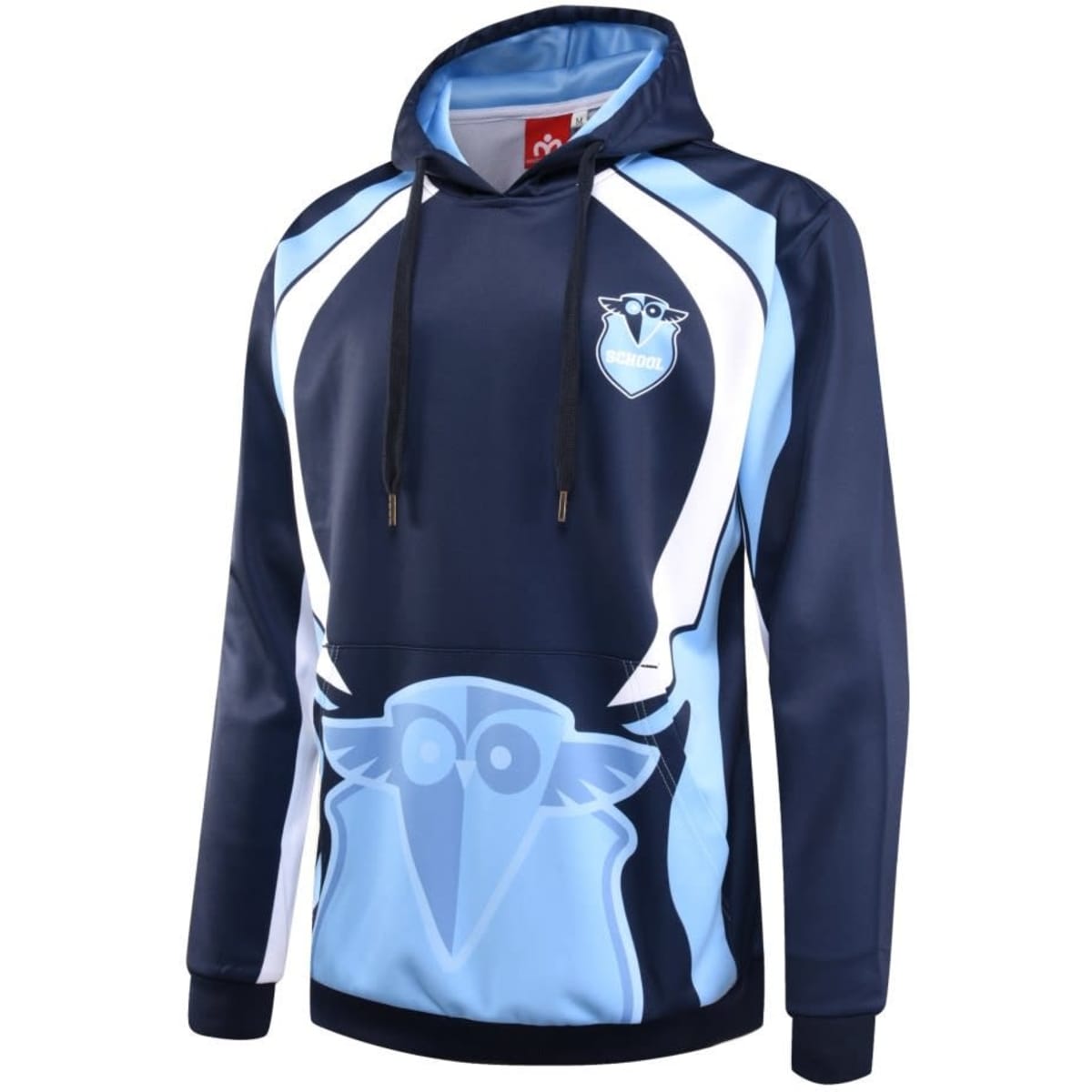 A navy and light blue hoodie with a logo on the chest and a drawstring hood.