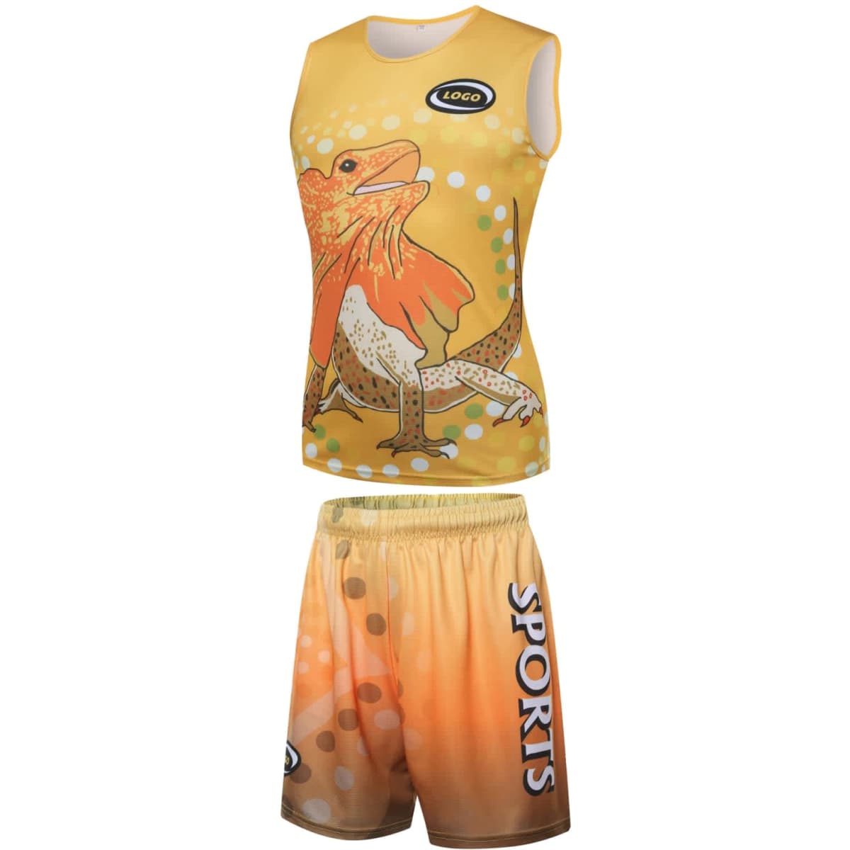 A basketball uniform featuring a sleeveless yellow jersey with a frog design and matching shorts with an orange gradient.