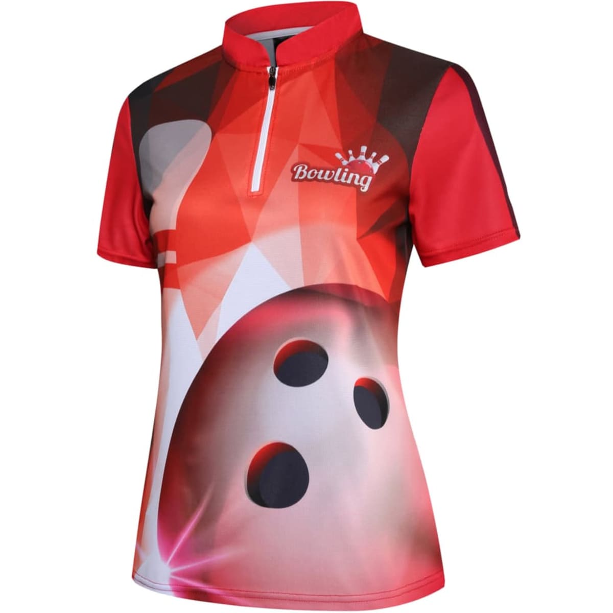 A red and black short-sleeve bowling shirt featuring a graphic design and a logo.