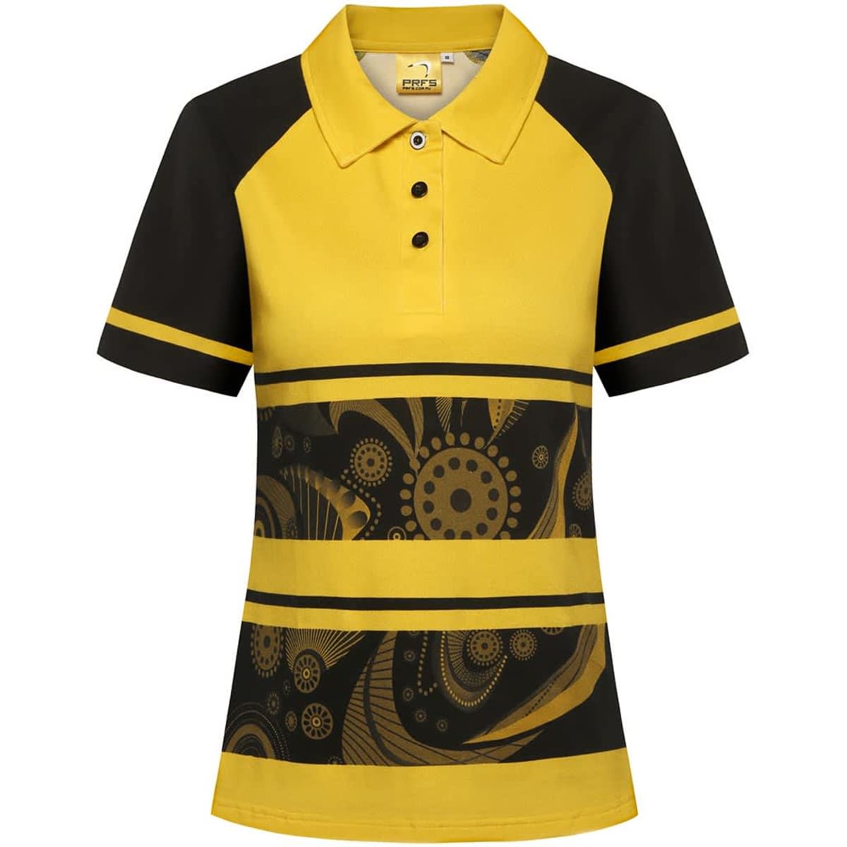 A short-sleeved polo shirt in yellow and black with decorative patterns on the front, featuring a collar and buttons.