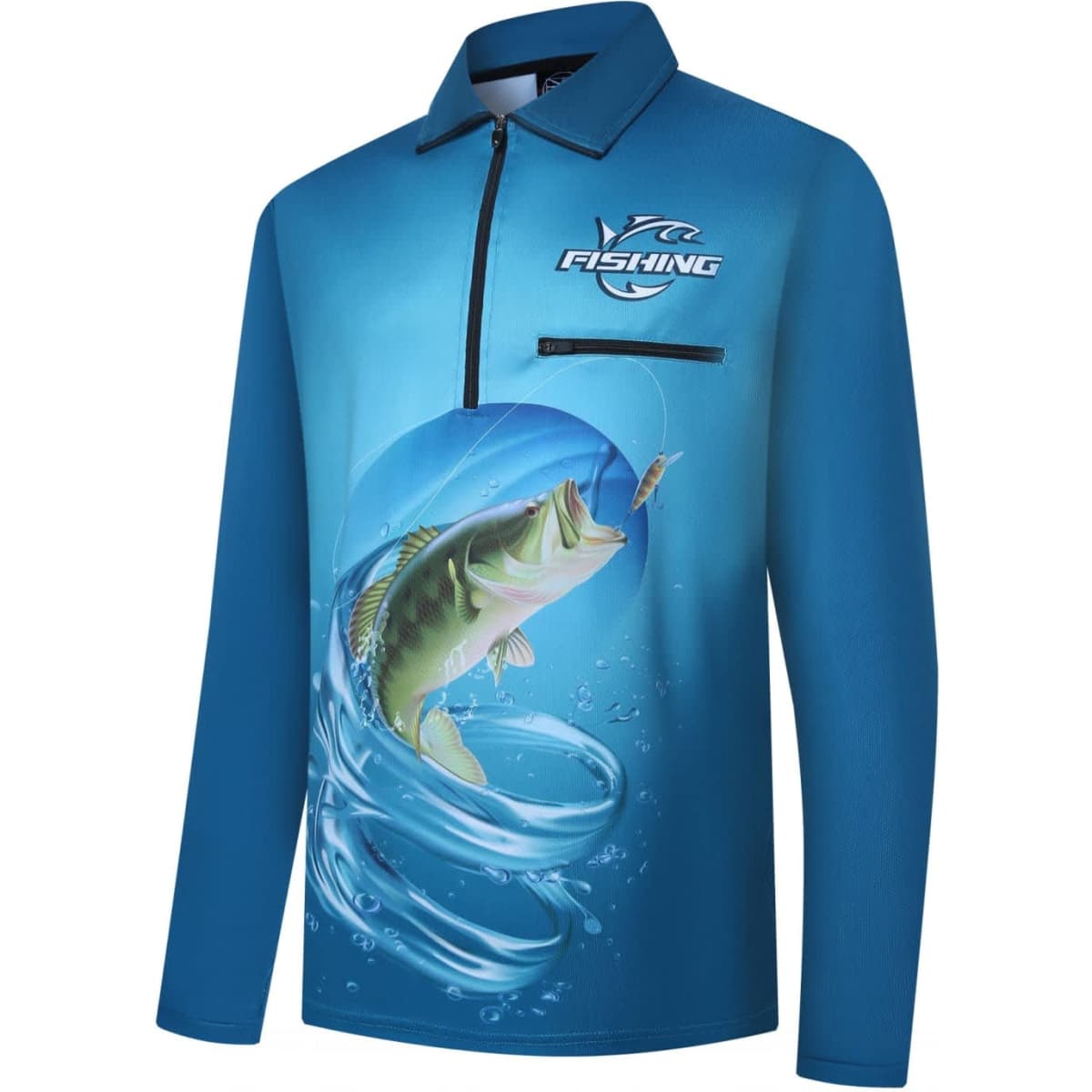 A blue long-sleeve fishing shirt featuring a fish graphic and a pocket with a logo.