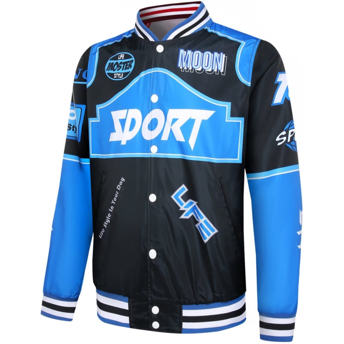 A reversible varsity jacket in black and blue with contrasting stripes and a logo.