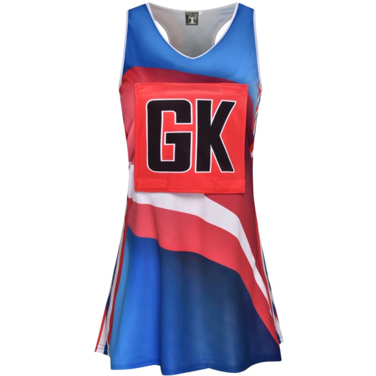 A netball dress in red, white and blue featuring a logo, designed for the GK position.