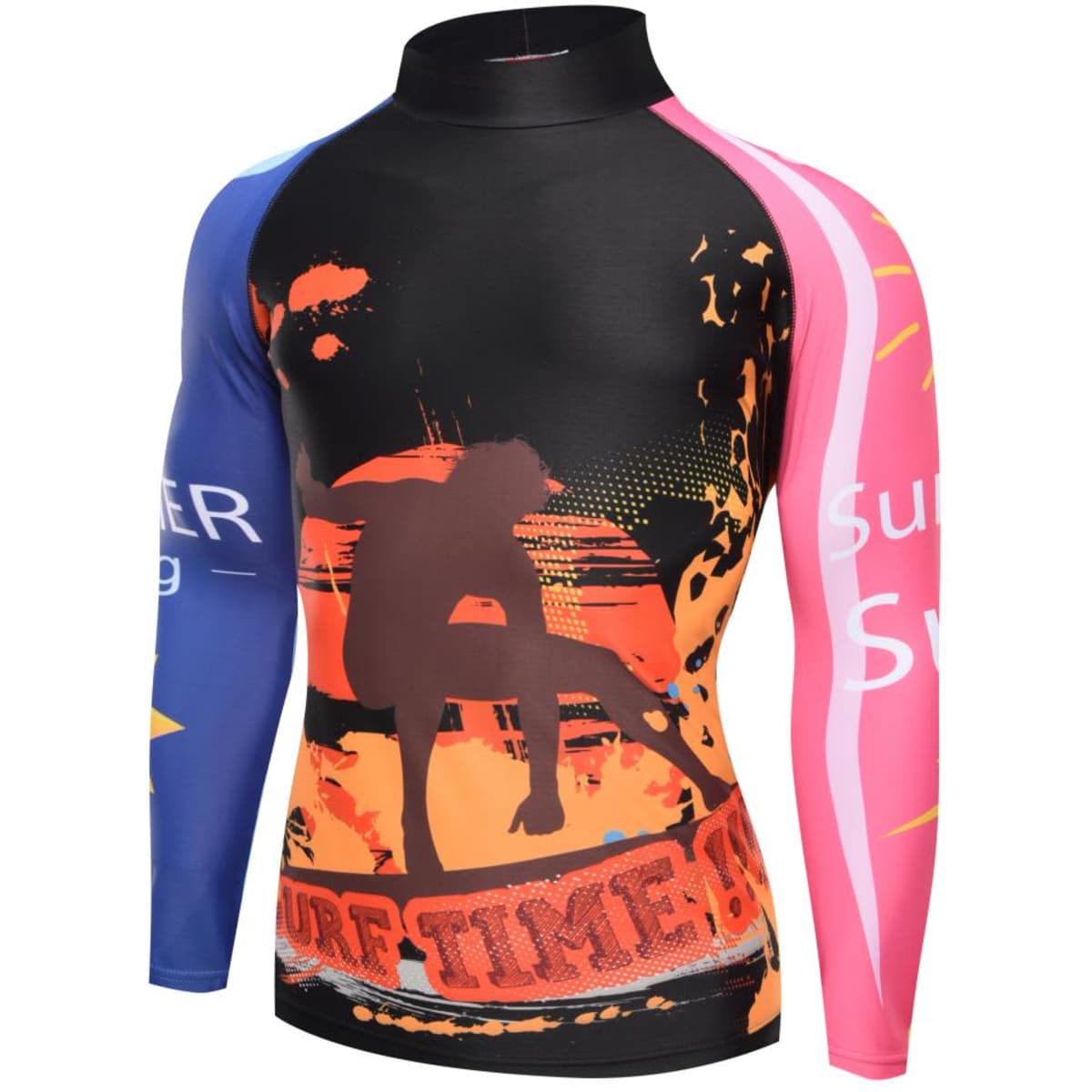 A long-sleeved rash shirt featuring vibrant colours, including blue, pink, and black, with a surf-themed graphic design.