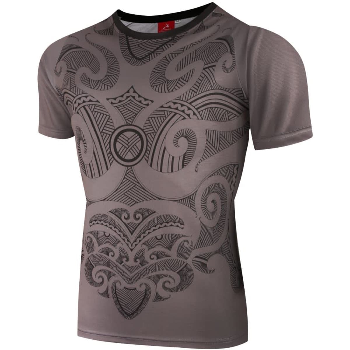 A short-sleeved jersey in grey featuring intricate black patterns and designs, along with a logo on the neckline.