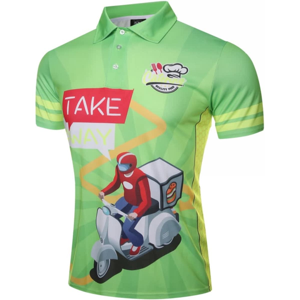A vibrant green polo shirt featuring a graphic of a delivery rider on a scooter, complemented by logo branding.