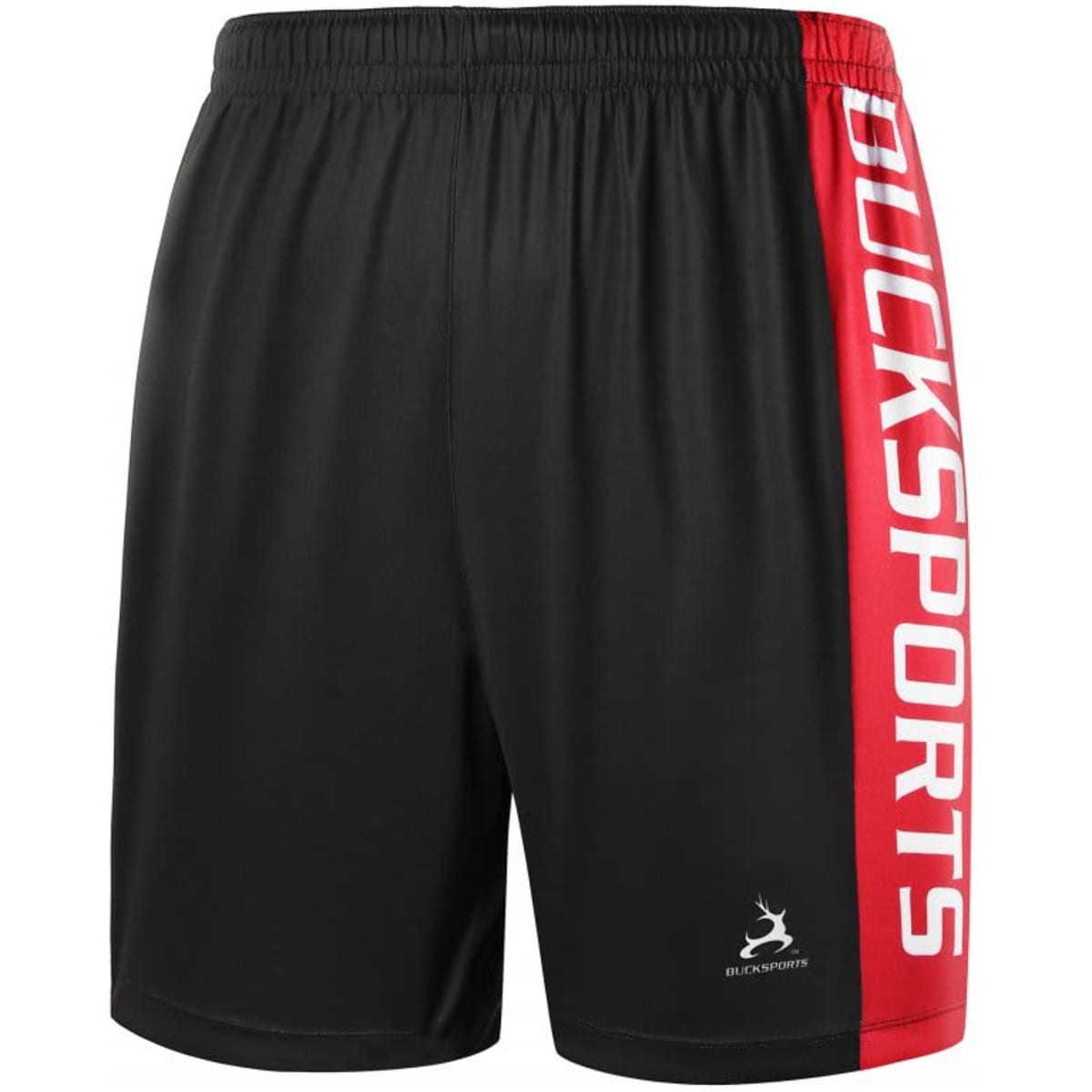Black shorts with a red stripe featuring a logo and branding on the side.