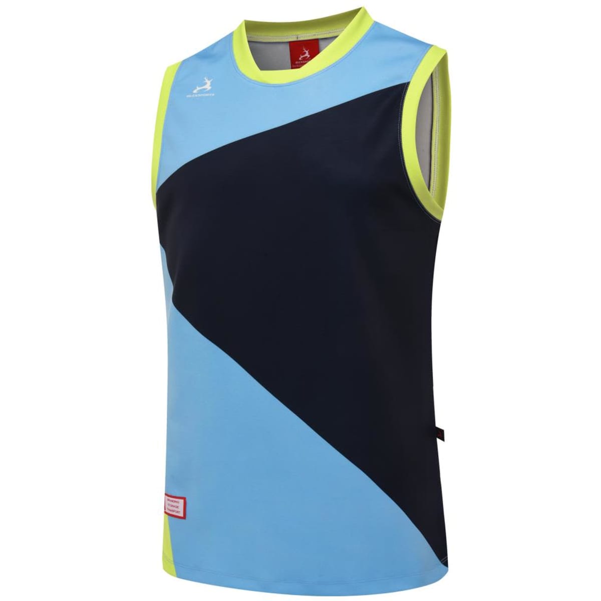 A sleeveless sports singlet in light blue and black, featuring a bright yellow trim and a logo on the front.