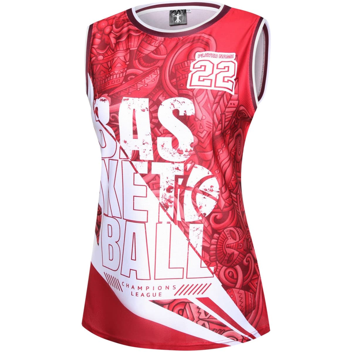 A red women's basketball singlet with graphic designs and a logo, featuring a sleeveless style and a sporty cut.