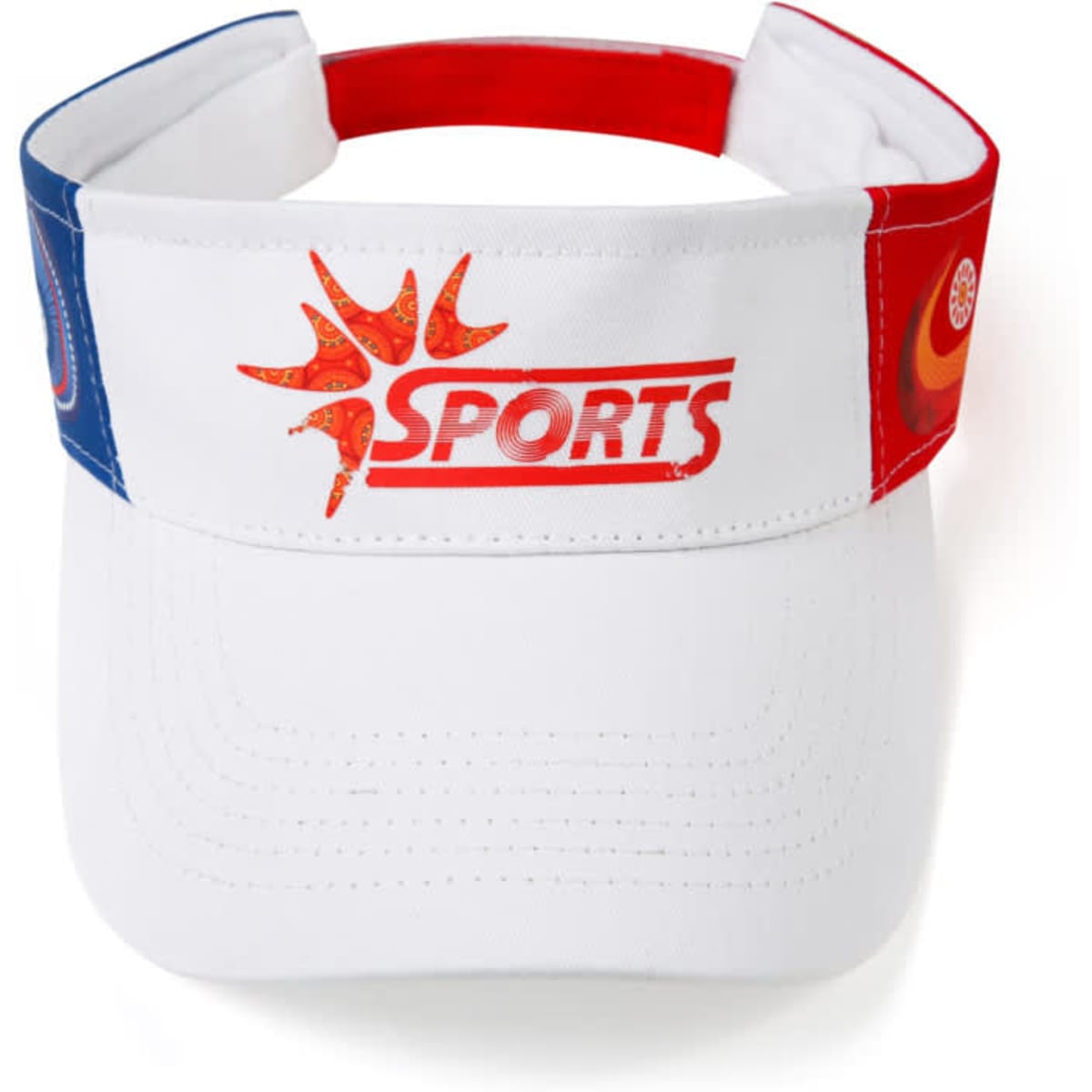 A white visor featuring red and blue stripes, with a logo on the front. Suitable for sports activities.