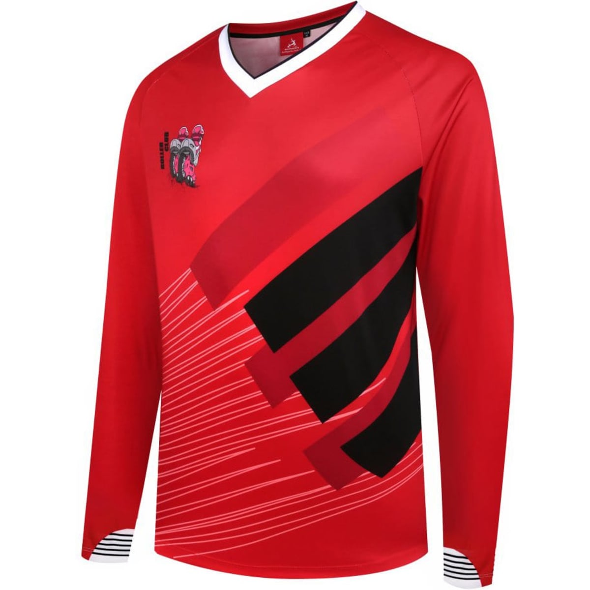 A vibrant red long-sleeved crew top featuring black graphics and a logo.