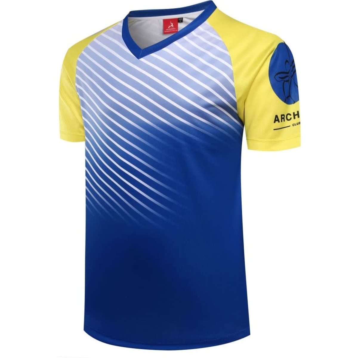A blue and yellow archery team shirt featuring a gradient design and a logo on the sleeve.