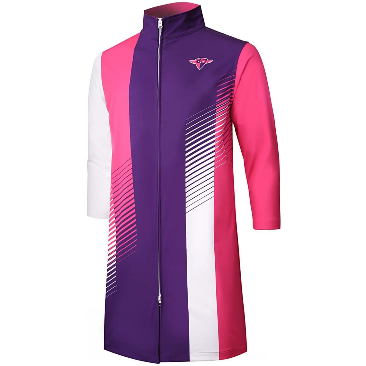 A softshell deck coat in purple, pink, and white with a logo, featuring a zip front and three-quarter sleeves.