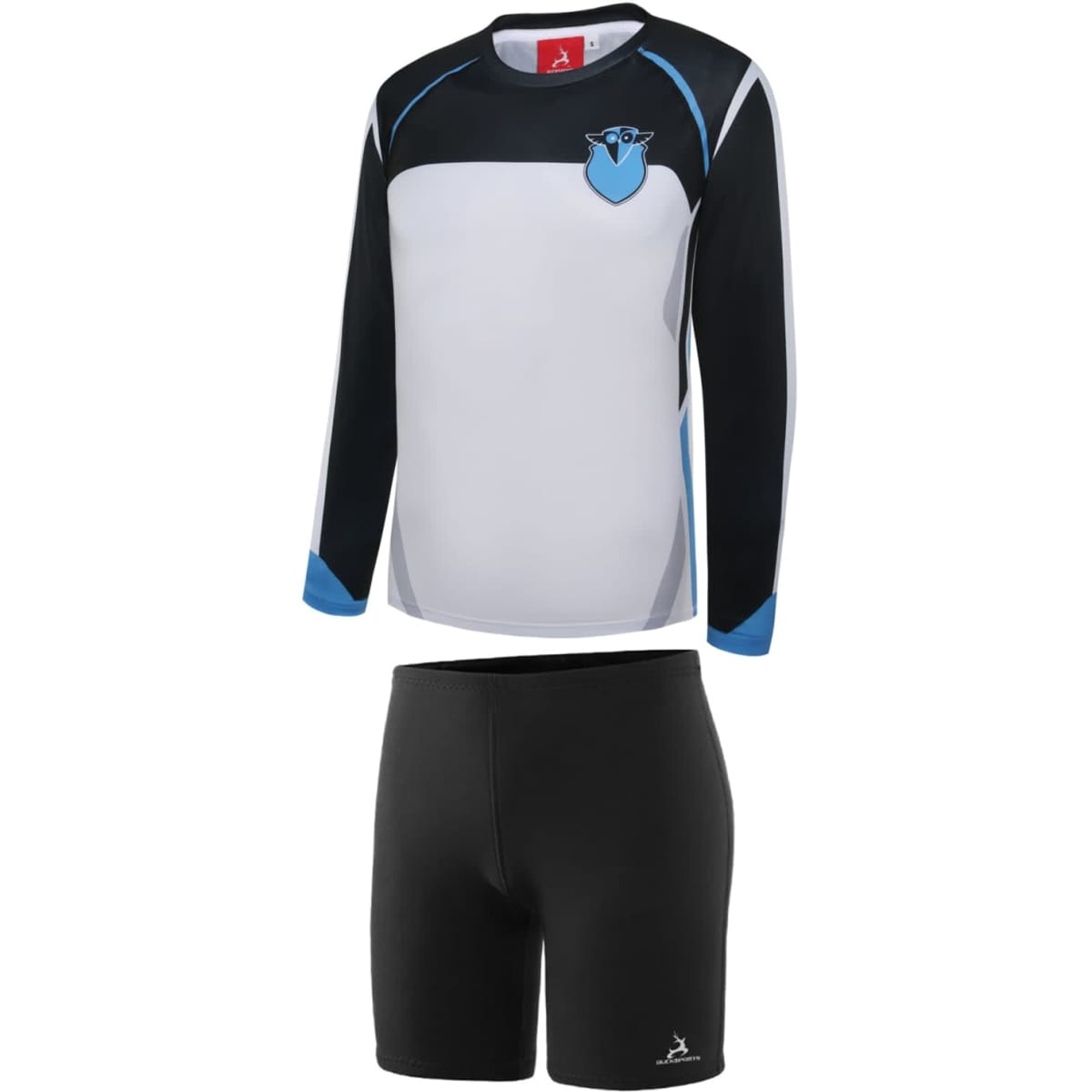 A swimming instructor uniform in white and black with blue accents, featuring a logo. Includes a long-sleeved top and black shorts.