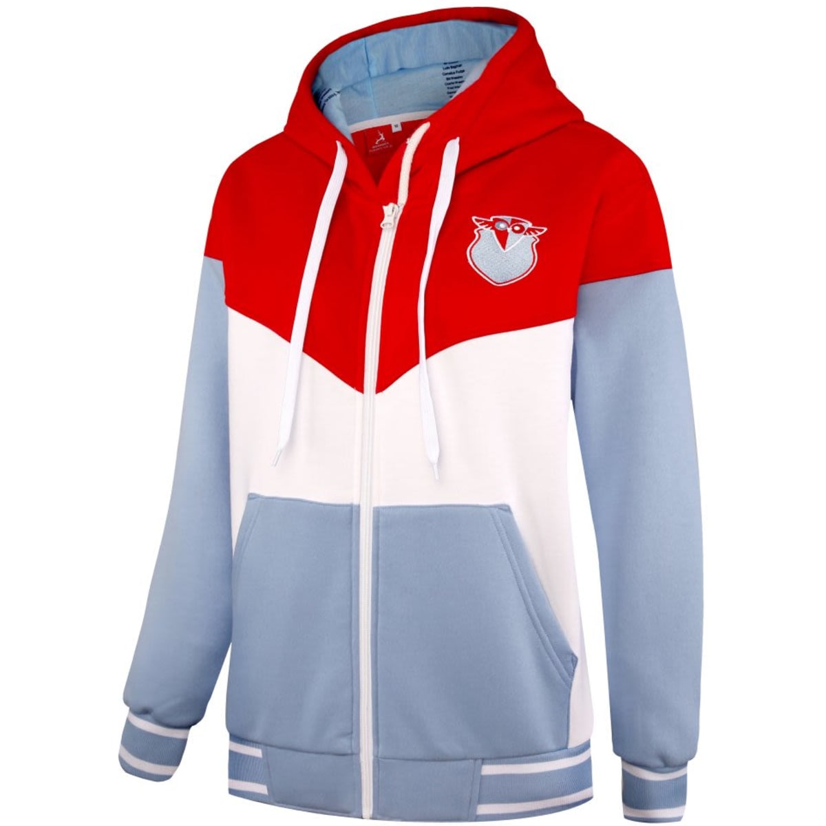 A fleece hoodie in red, white, and light blue with a front pocket and a logo on the chest.