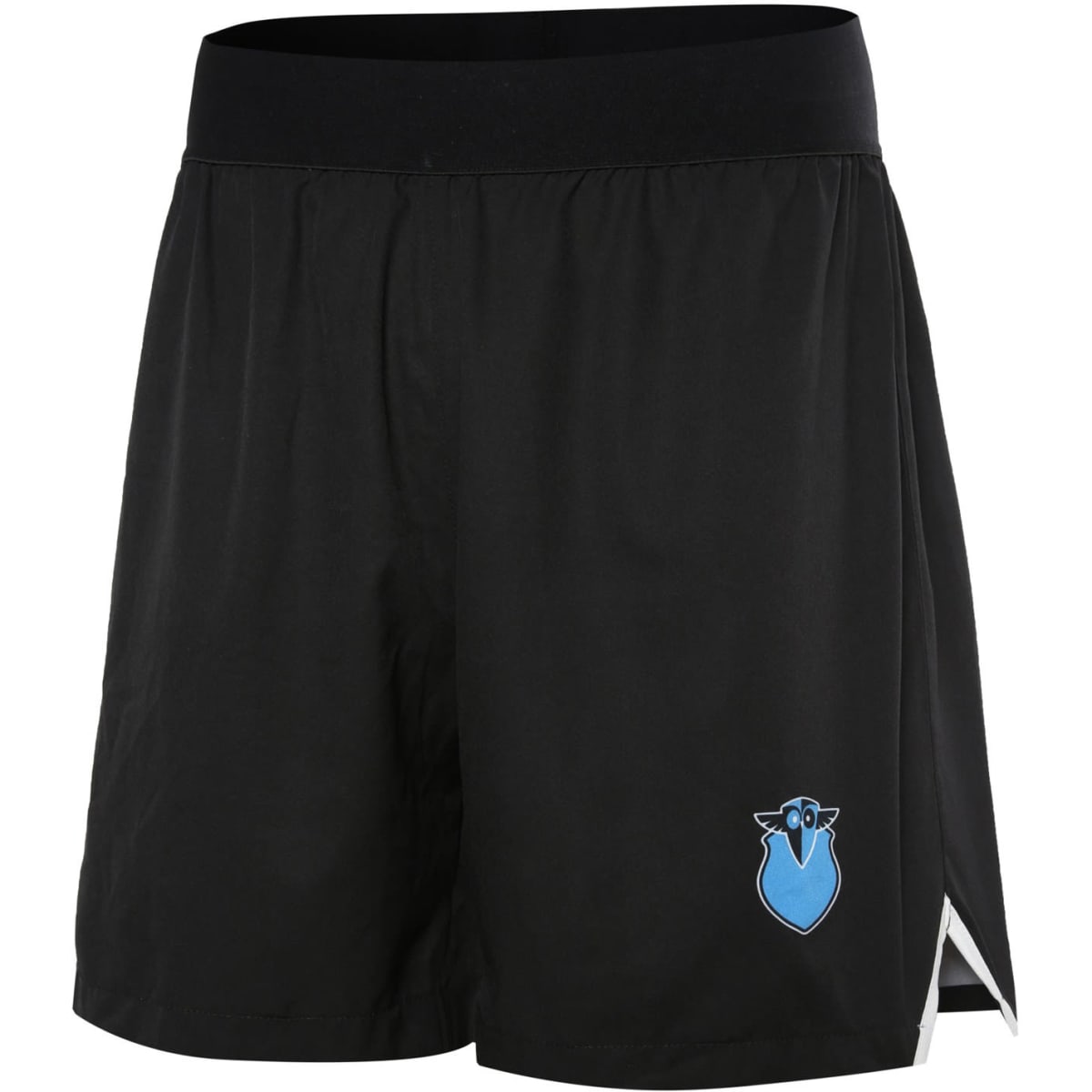 Black school wear shorts featuring a blue logo and side slits for ease of movement.