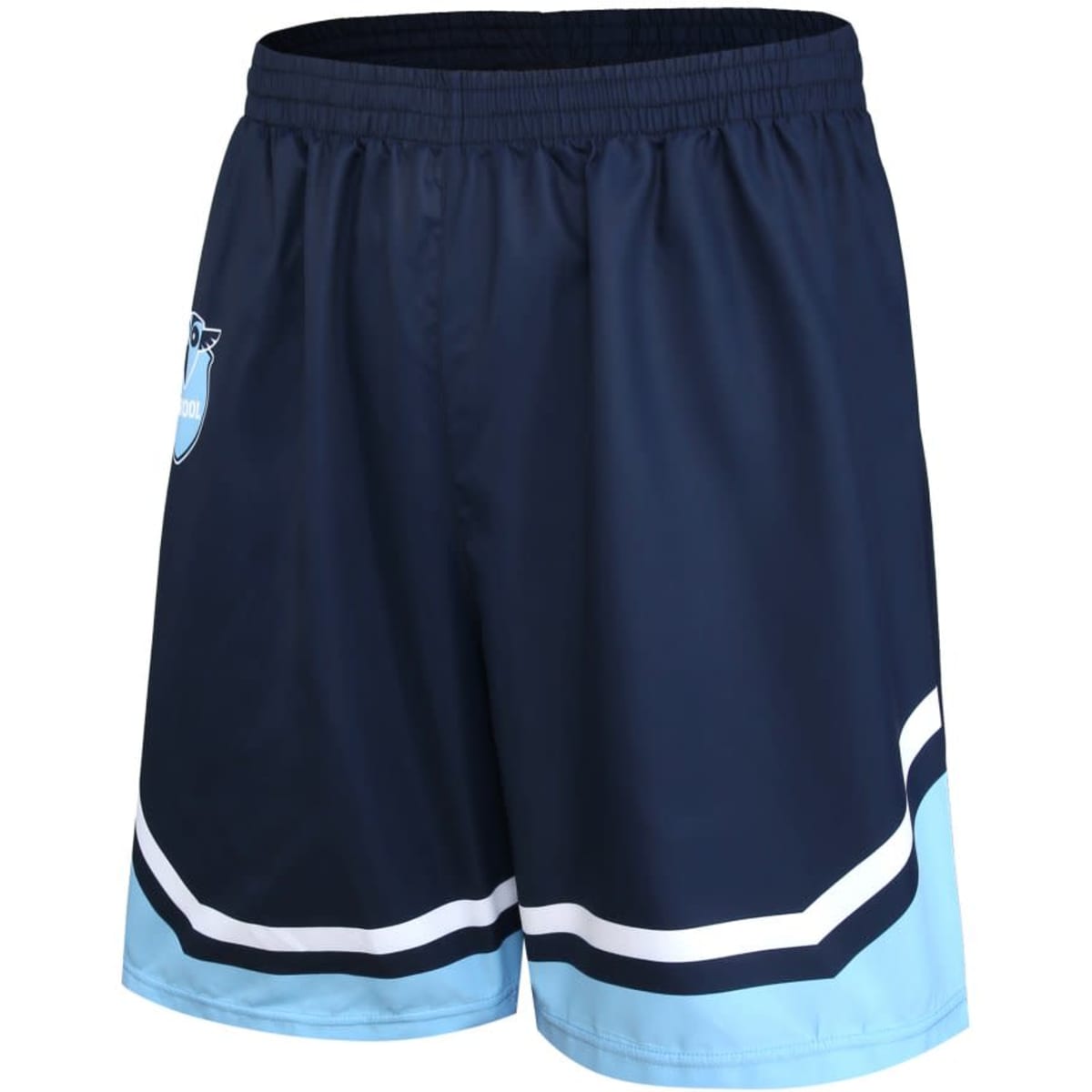 Navy blue custom woven school shorts featuring a light blue trim and a logo on one side.