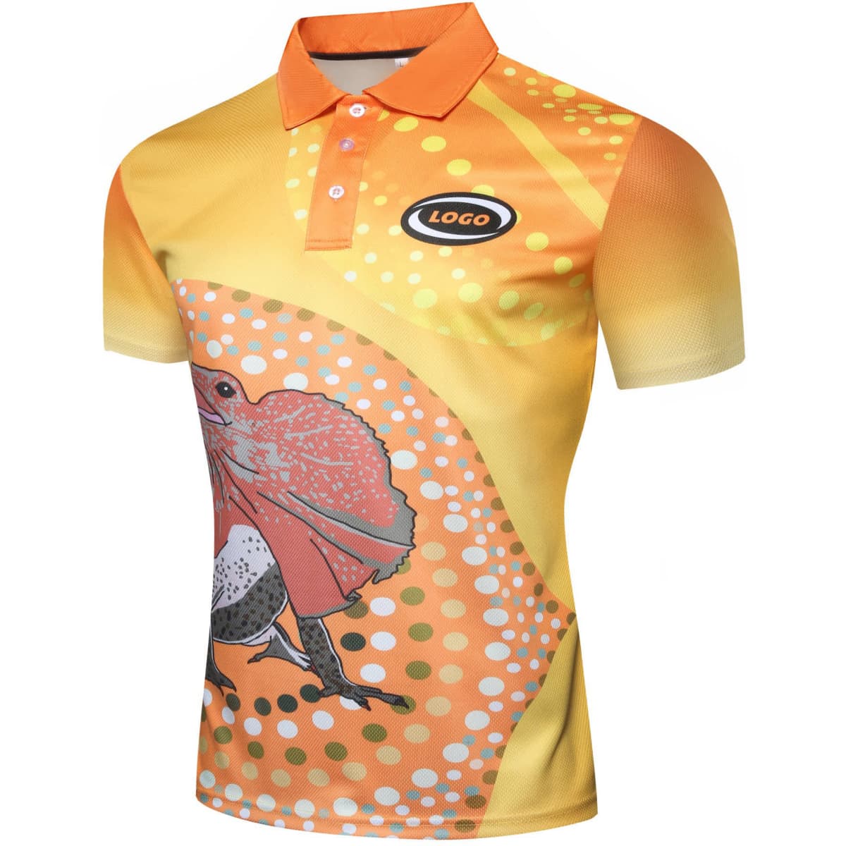 A vibrant yellow Aboriginal polo shirt featuring a colourful design and a logo on the front.