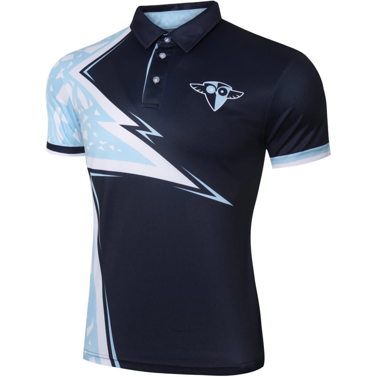A black and light blue polo shirt with a unique geometric design and a logo.