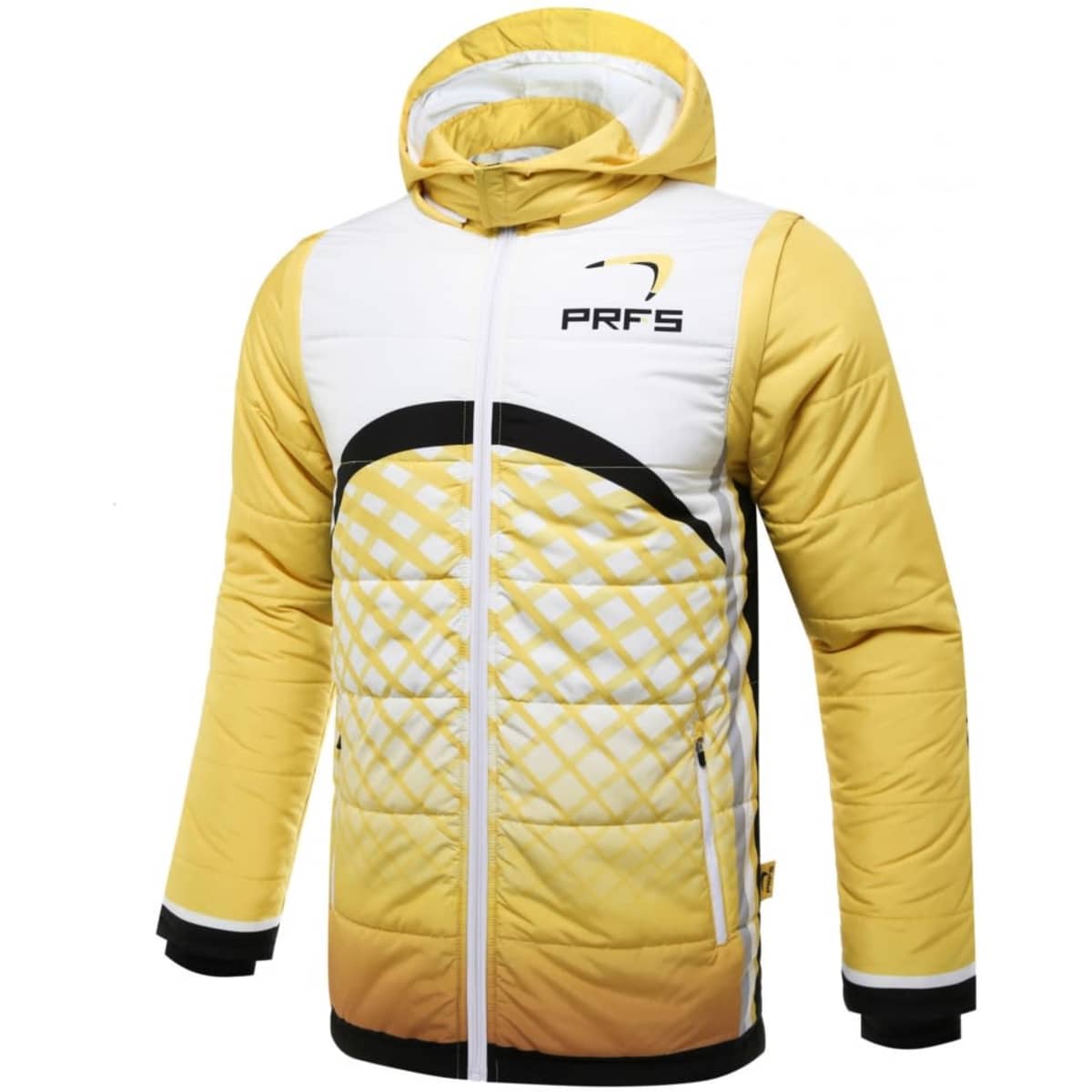 A yellow and white winter coat with removable sleeves and hood, featuring a logo and quilted design.