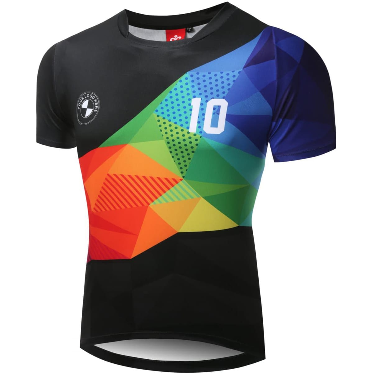 A football top jersey featuring a colourful geometric design with shades of blue, green, orange, and black.