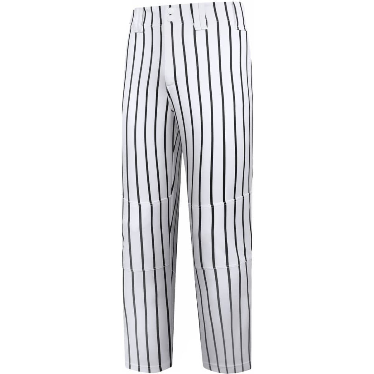 A pair of white baseball/softball pants with black vertical stripes and a logo on the waistband.