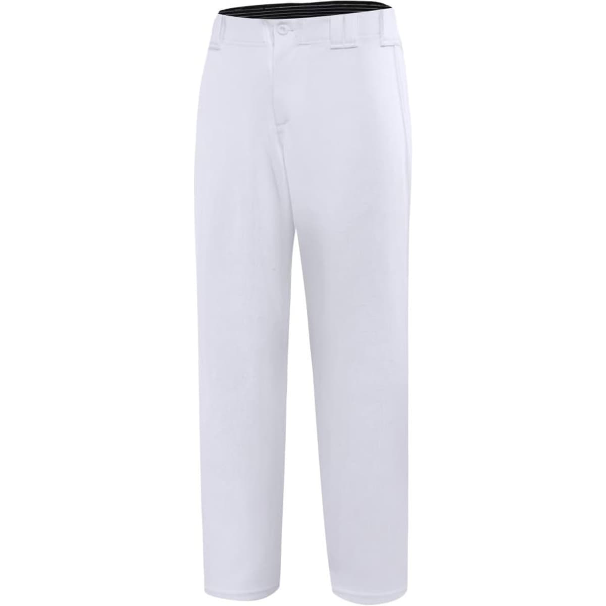 A pair of white baseball or cricket pants with a black waistband and a logo.