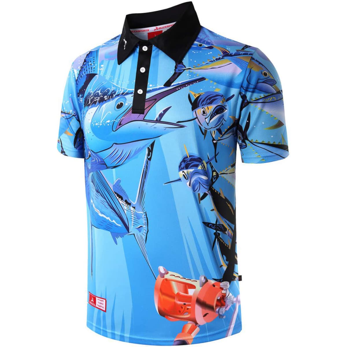 A fishing-themed polo shirt in blue featuring various fish illustrations, with a black collar and branding.