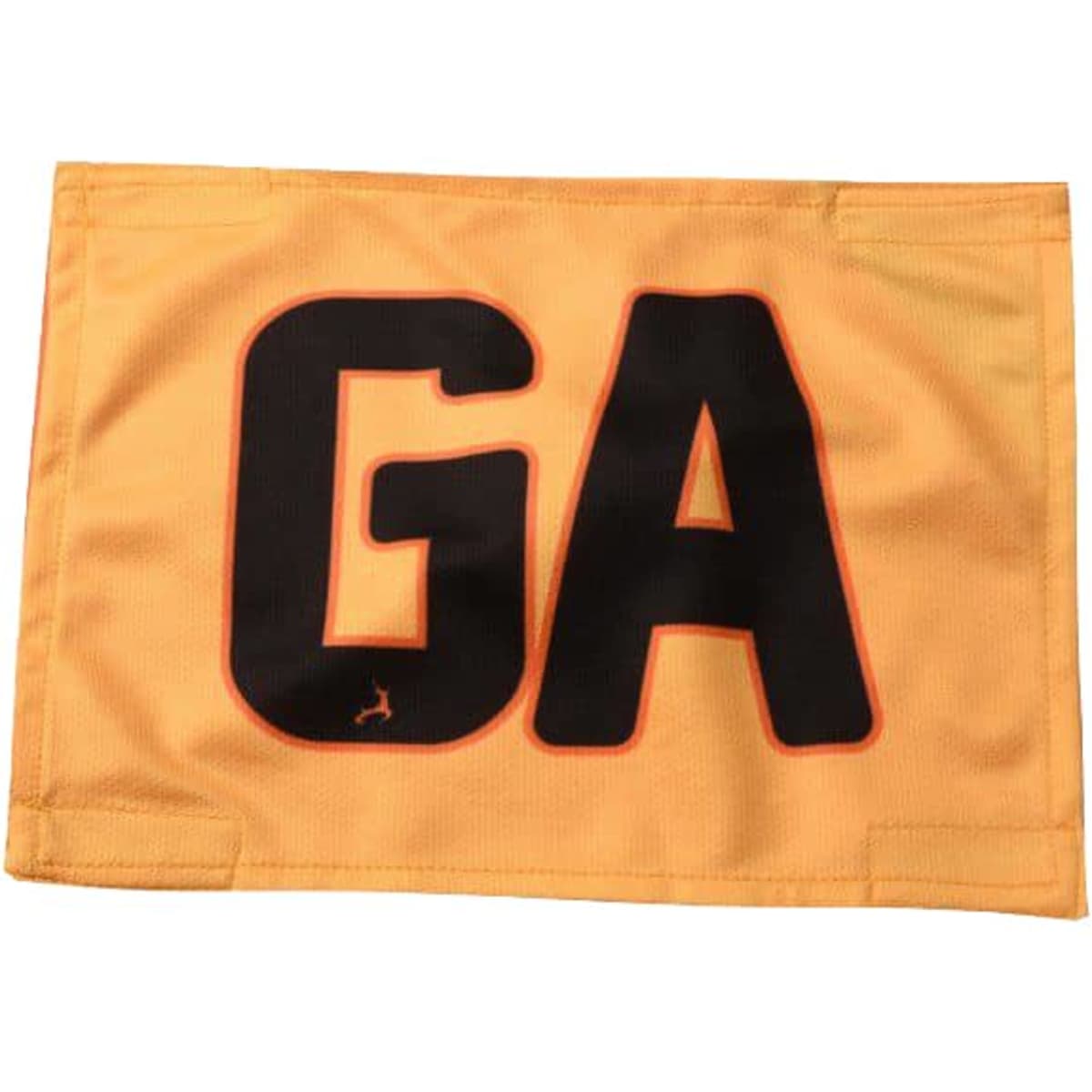 A yellow netball bib with a black "GA" printed on it. It features a simple design and has a logo.