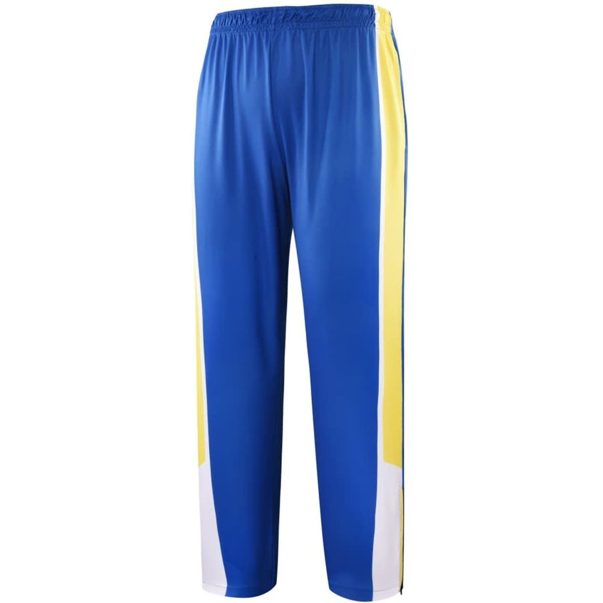 A pair of blue pants with yellow and white side stripes. The fabric appears lightweight and sporty.