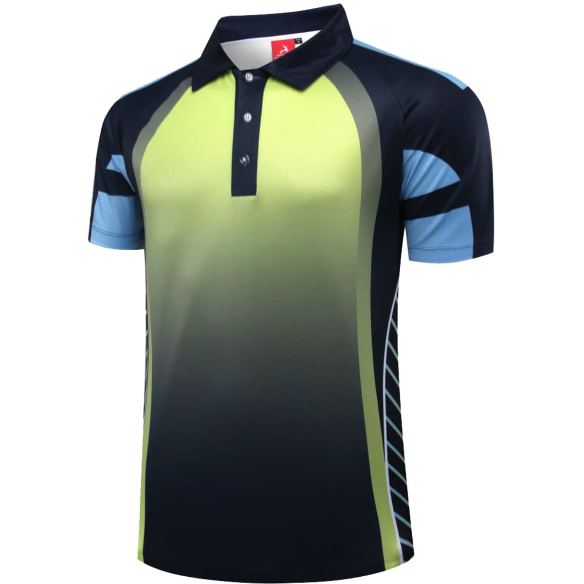 A polo shirt in vibrant green and black with blue accents and a logo. Features a classic collar and short sleeves.