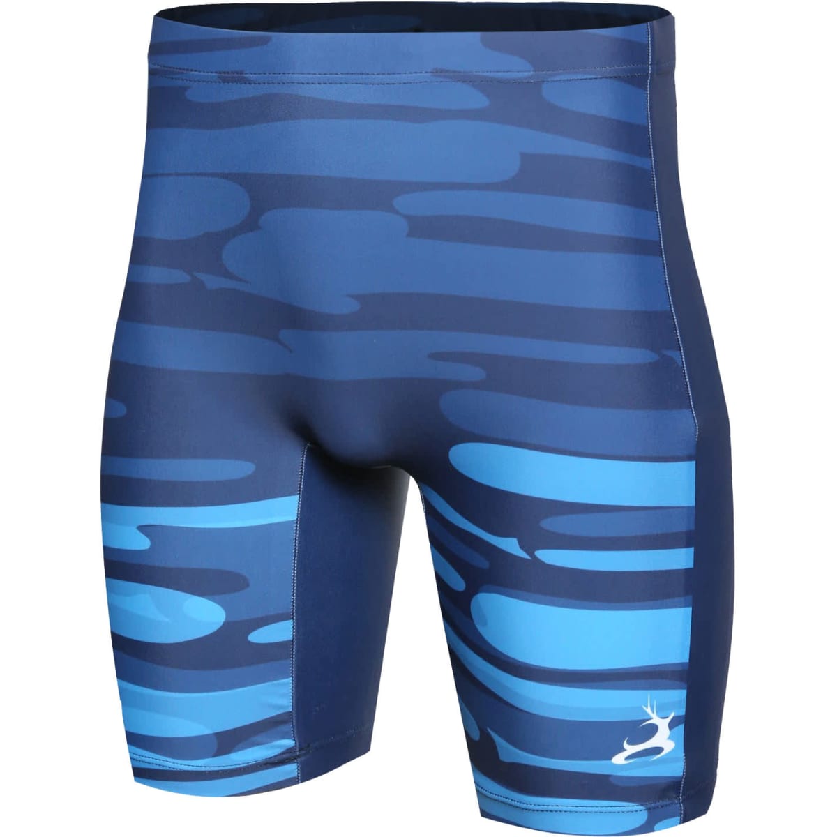 Tight shorts in blue with a wavy pattern and a small logo on the side.