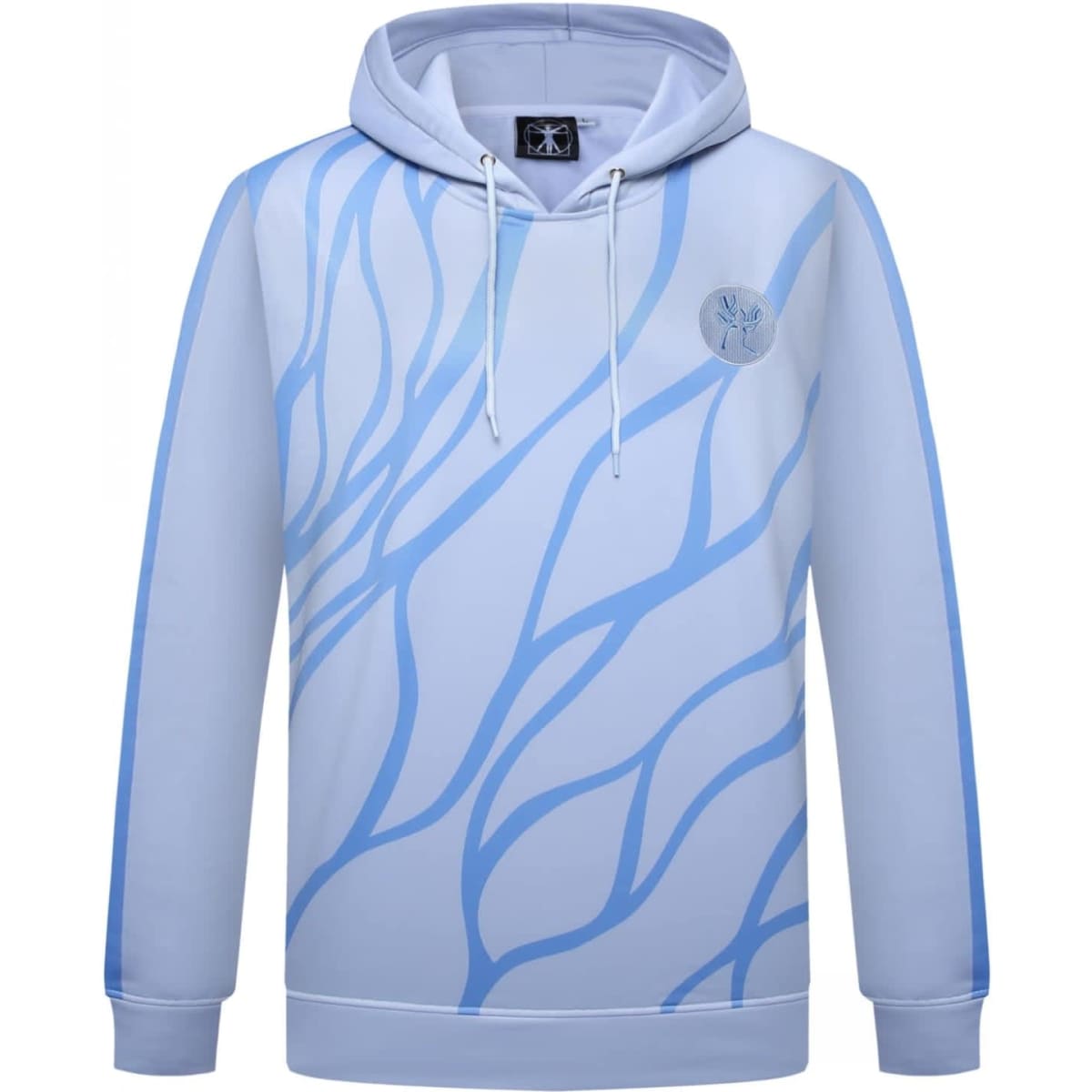 A light blue hoodie featuring a wavy design and a logo on the front, complete with a drawstring hood.