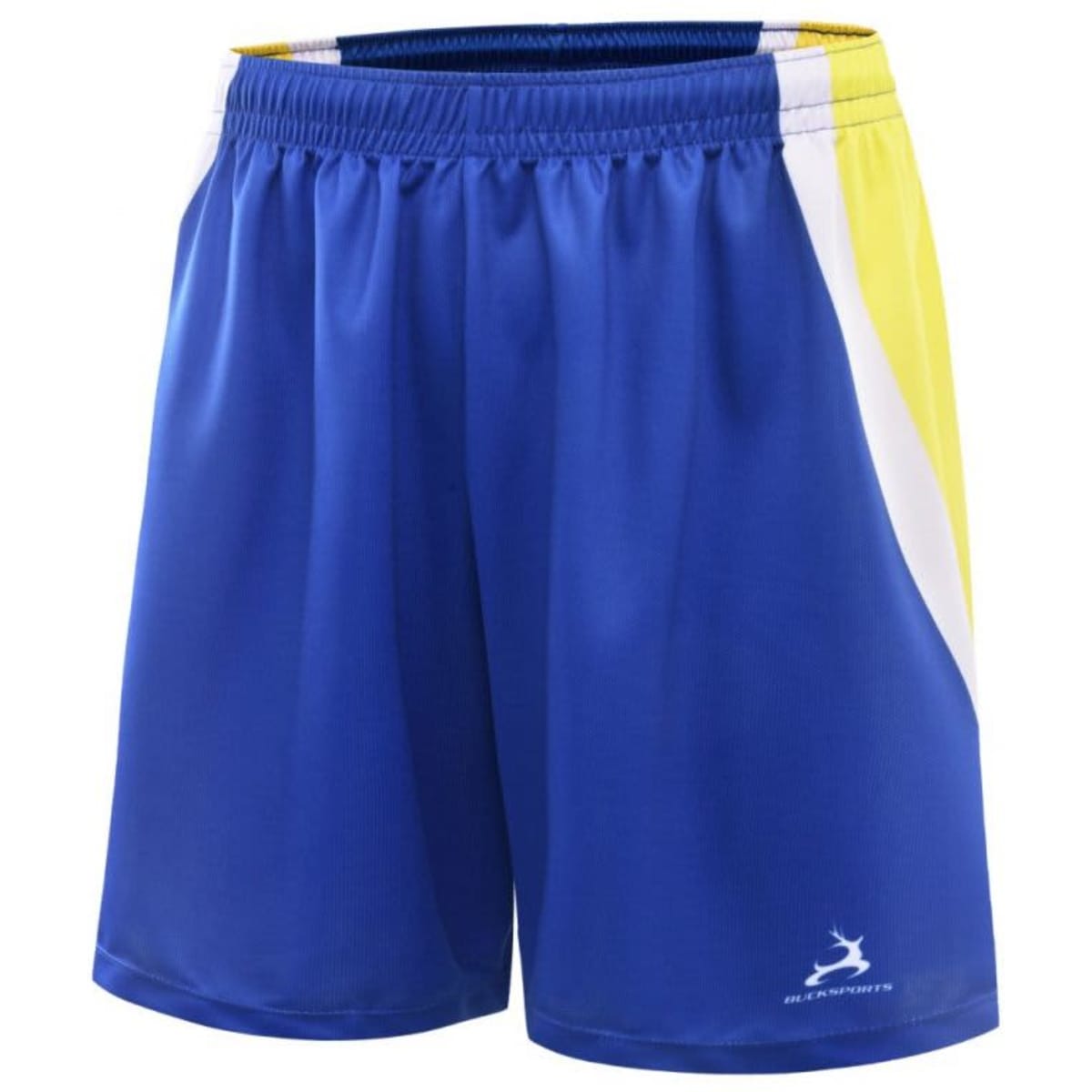 Blue training shorts with yellow and white accents, featuring a logo on the left leg.