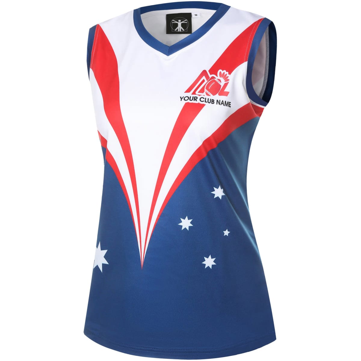 A sleeveless women's singlet in blue, red, and white featuring a pattern of stars and a logo.