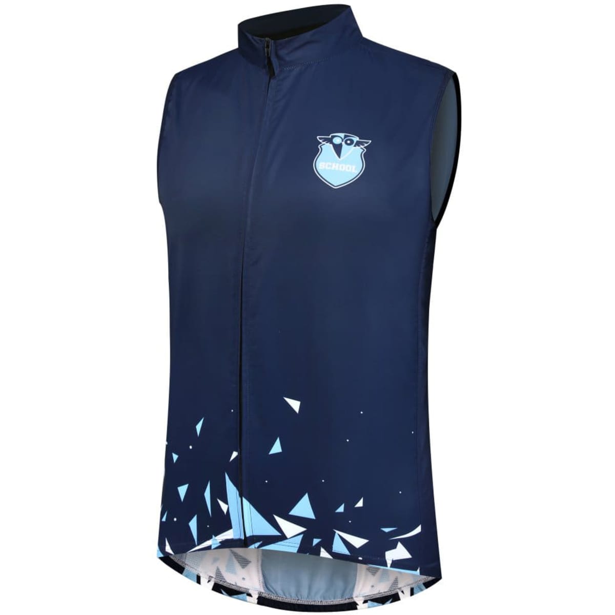 A sleeveless, navy blue waterproof vest with a geometric design and a logo on the chest.