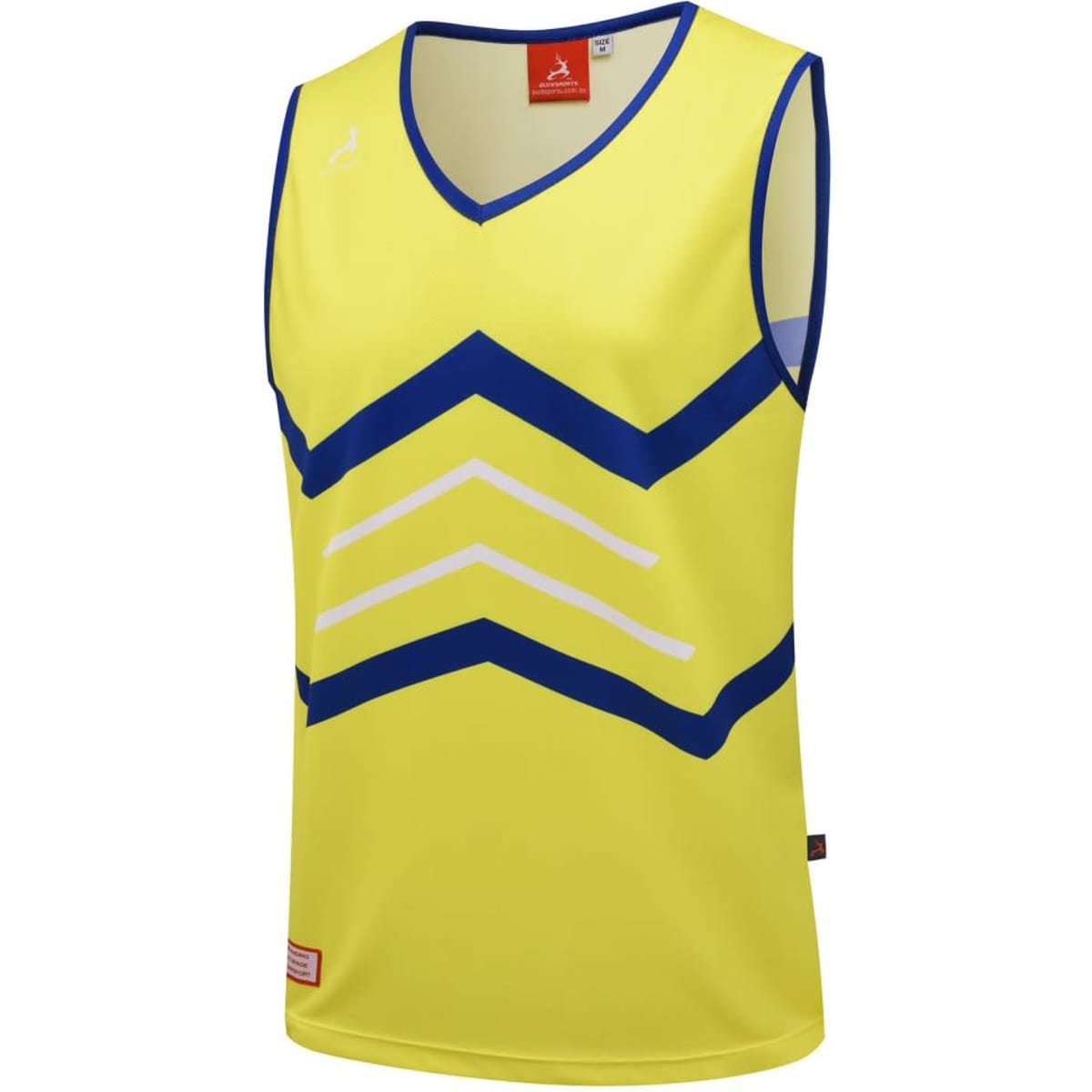 A singlet featuring a bright yellow base with blue zigzag patterns and white detailing. It has a logo on the neckline.