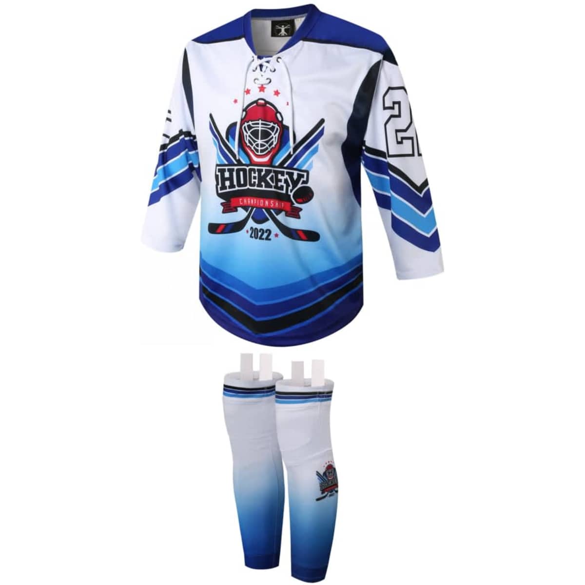 An ice hockey uniform kit featuring a blue and white jersey with long sleeves and matching pants. It has a logo.