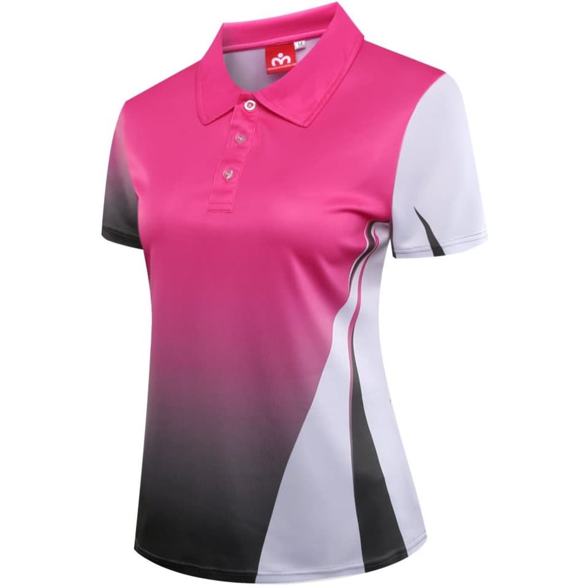 A pink and white women’s polo shirt featuring a gradient design and a logo on the collar.