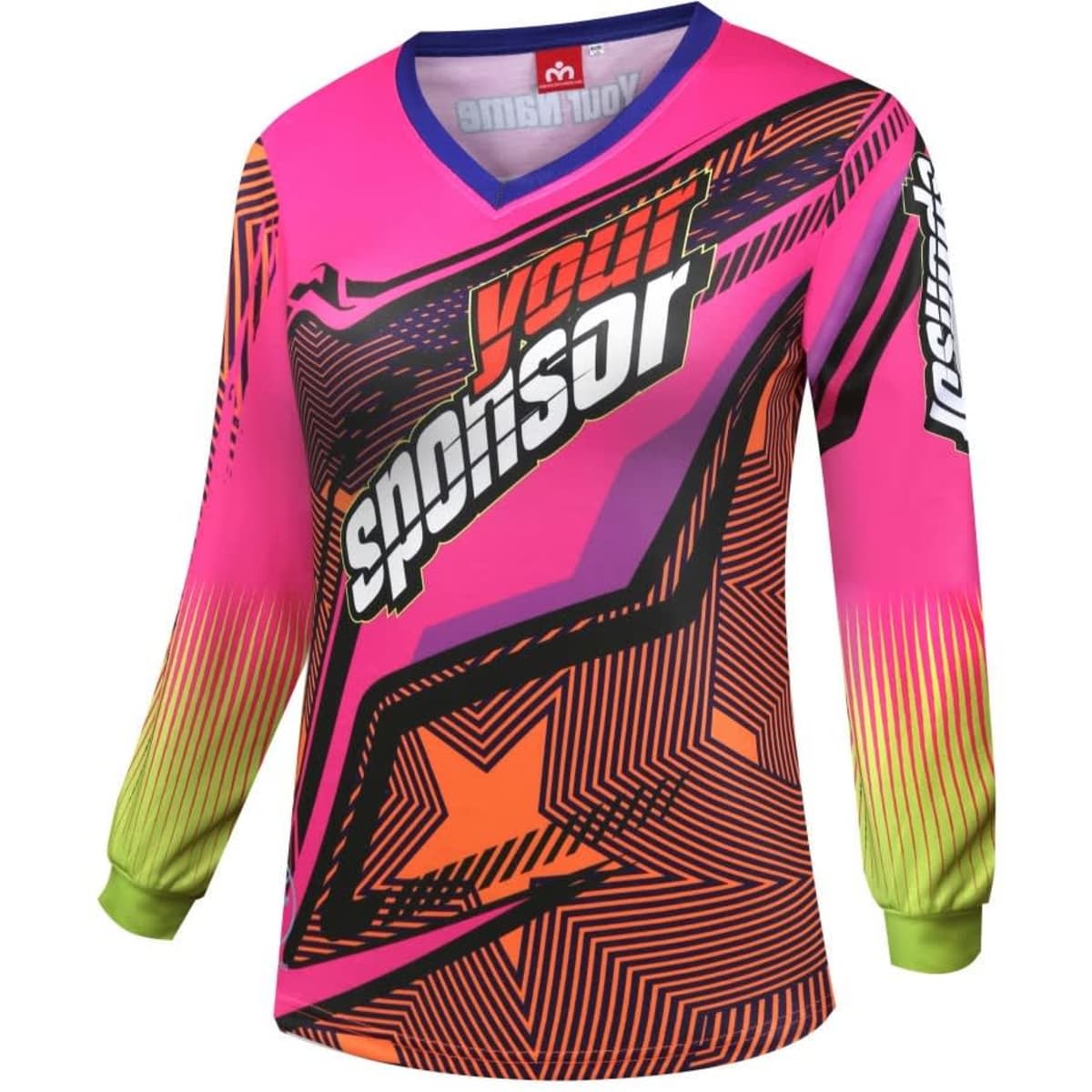 A long-sleeve BMX T-shirt featuring vibrant pink and green colours with abstract geometric designs and a logo.