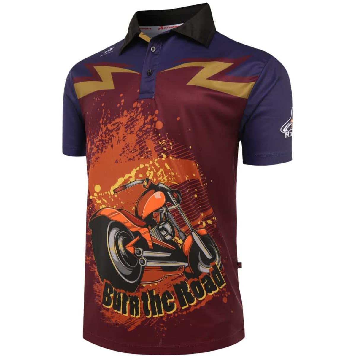A motorcycle-themed polo shirt featuring orange and maroon colours with a vibrant graphic design. It has a logo.