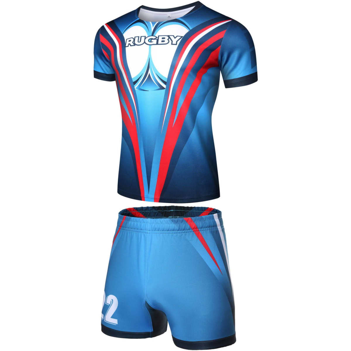 A blue and red rugby uniform featuring a short-sleeved jersey and matching shorts, with a logo on the shirt.