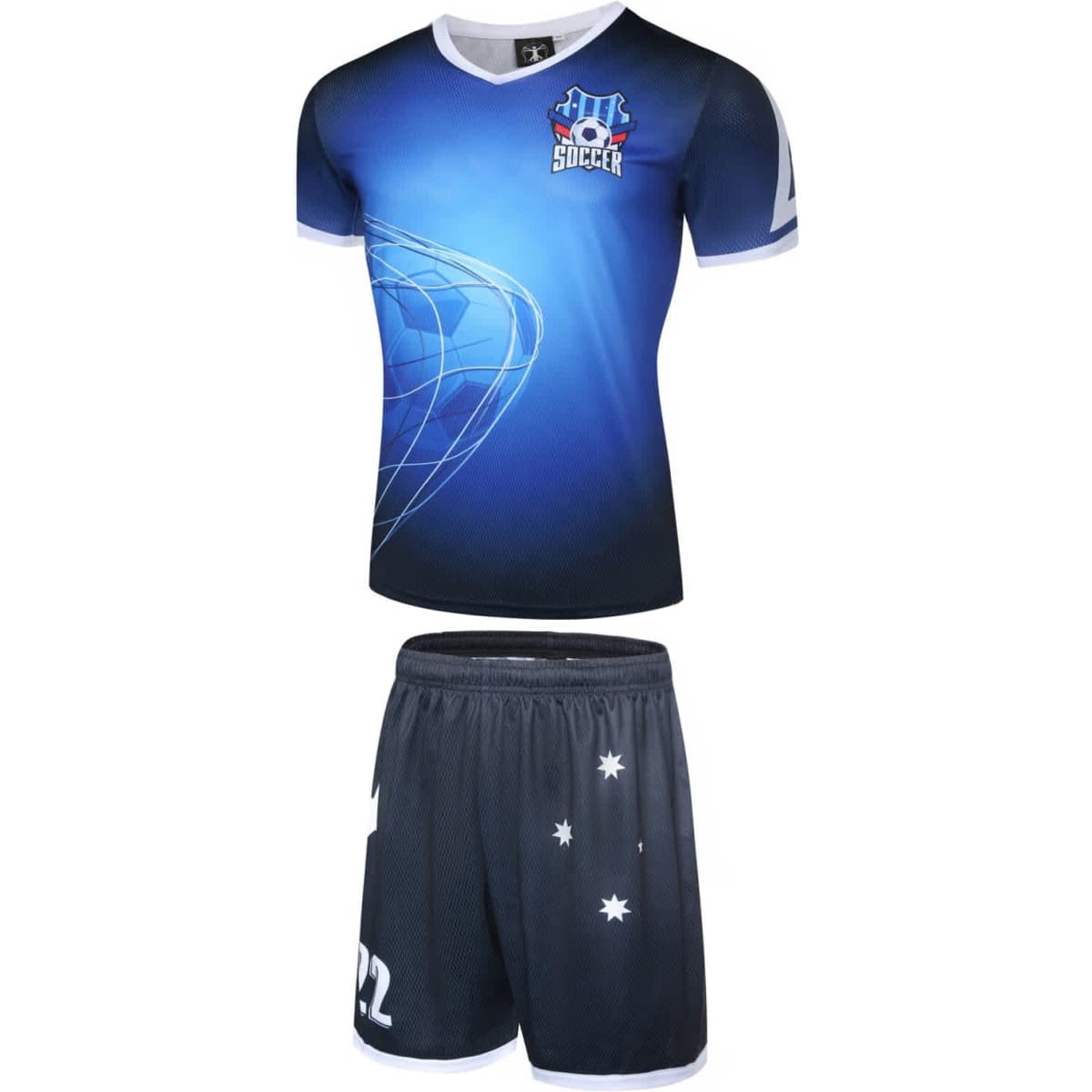 A blue and black soccer jersey with matching shorts, featuring a logo and graphic design.