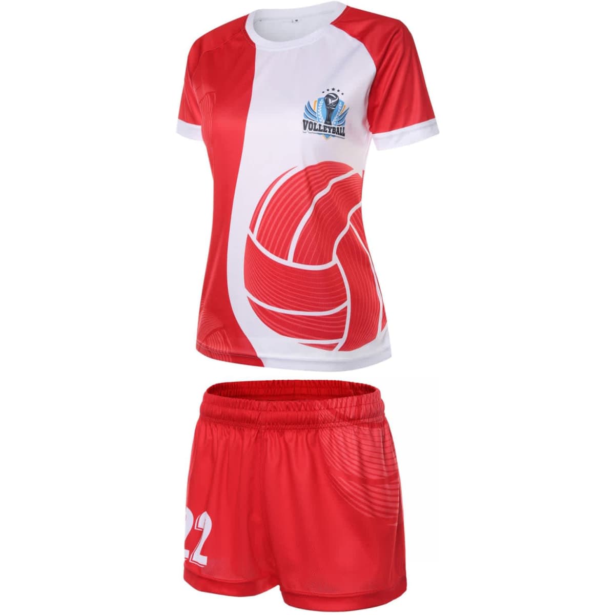 A red and white volleyball uniform featuring a jersey with a graphic design and matching shorts. The uniform has a logo.