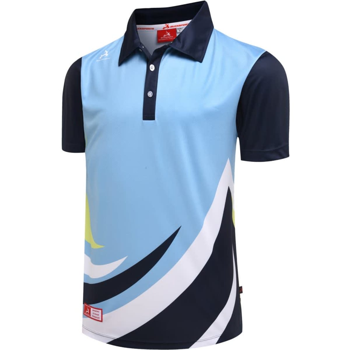 A polo shirt featuring a light blue front with navy sleeves and abstract black and yellow designs. It has a logo.